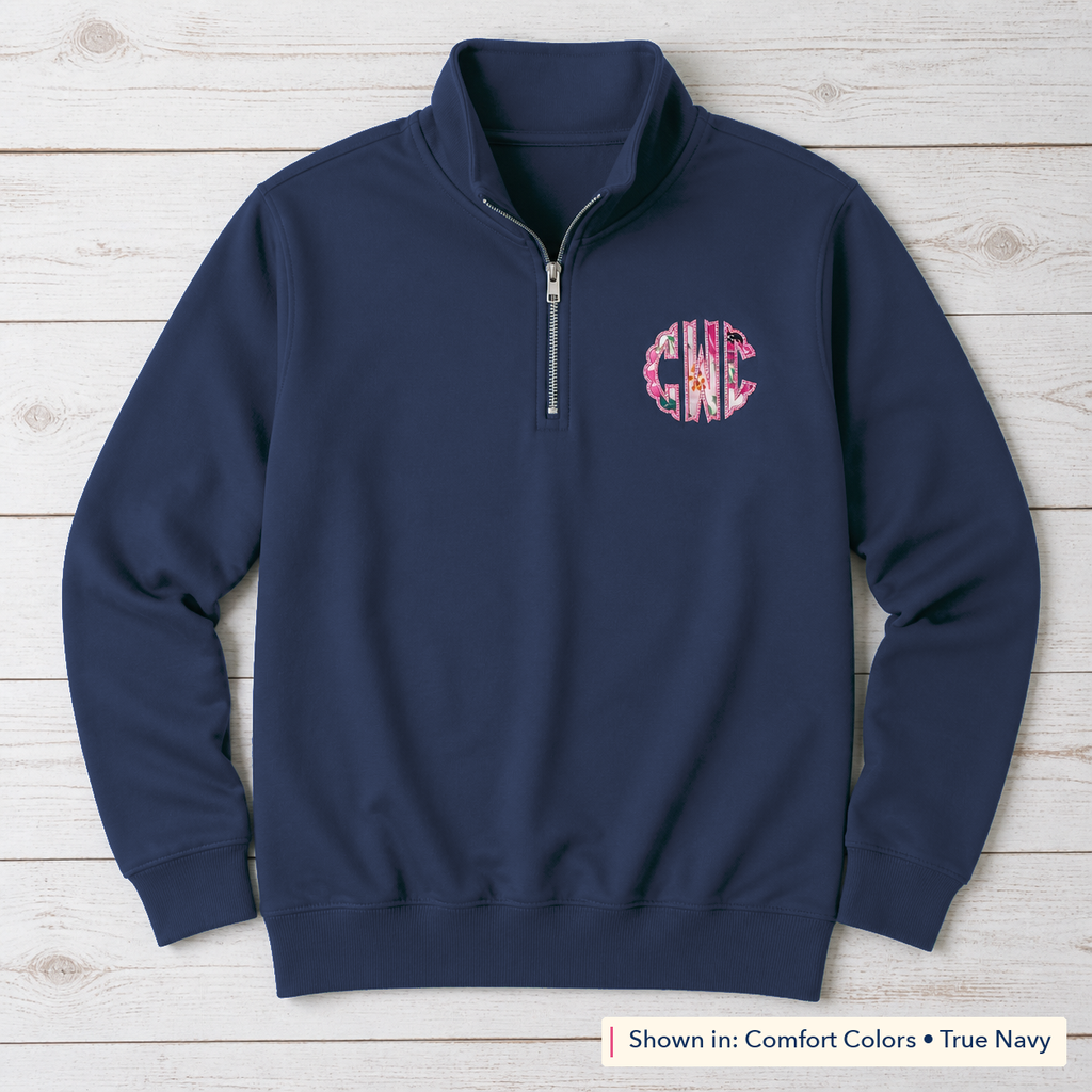 Pink Floral Chest Monogram Quarter-Zip. Shown in: Comfort Colors • True Navy.