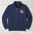 Pink Floral Chest Monogram Quarter-Zip. Shown in: Comfort Colors • True Navy.