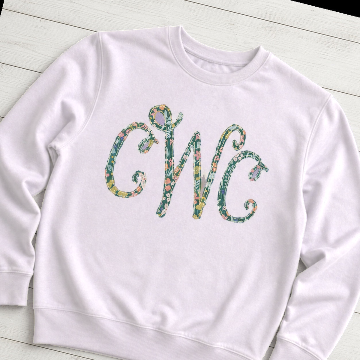 Bright Floral Vine Monogram Sweatshirt. Shown in: Independent • Lavender.