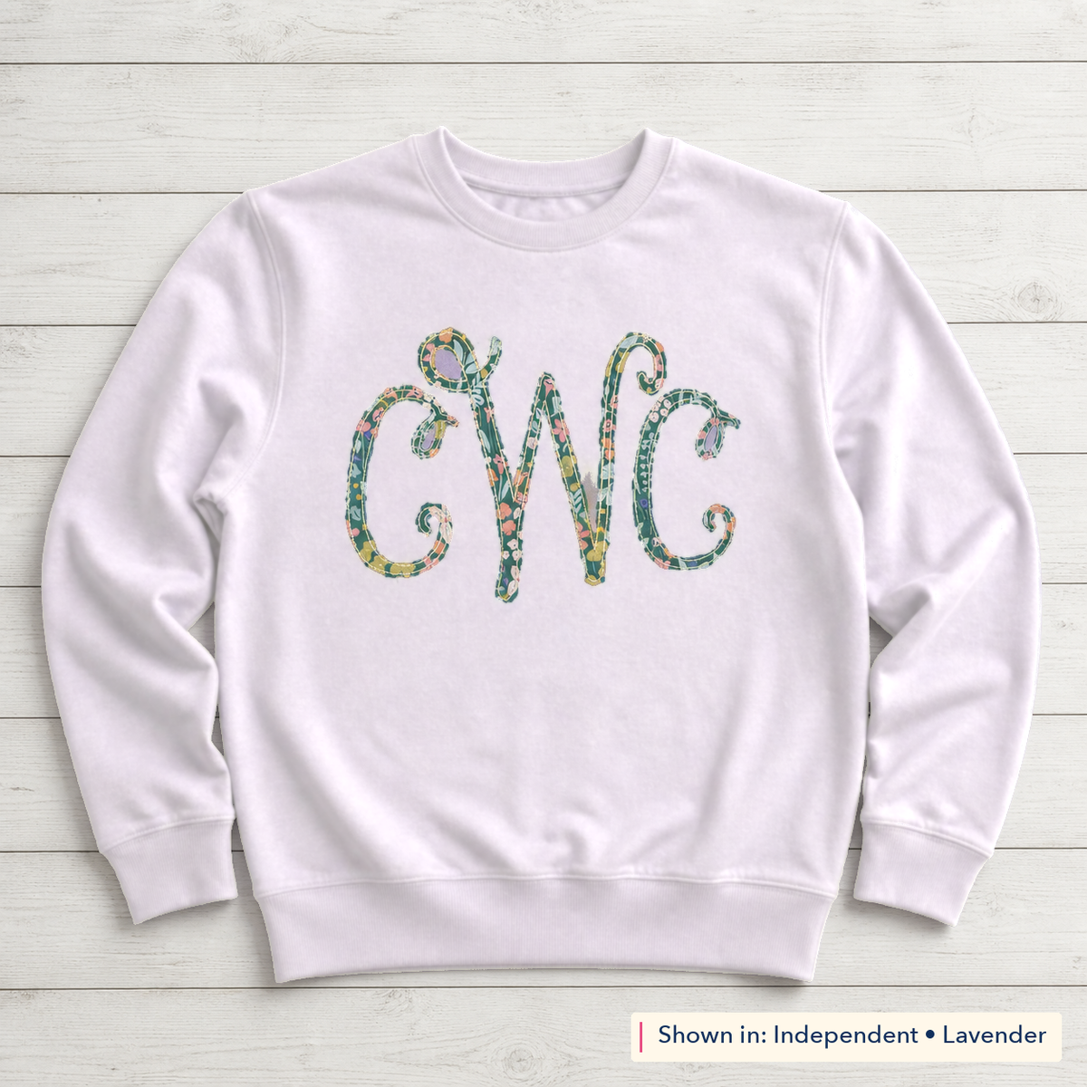 Bright Floral Vine Monogram Sweatshirt. Shown in: Independent • Lavender.