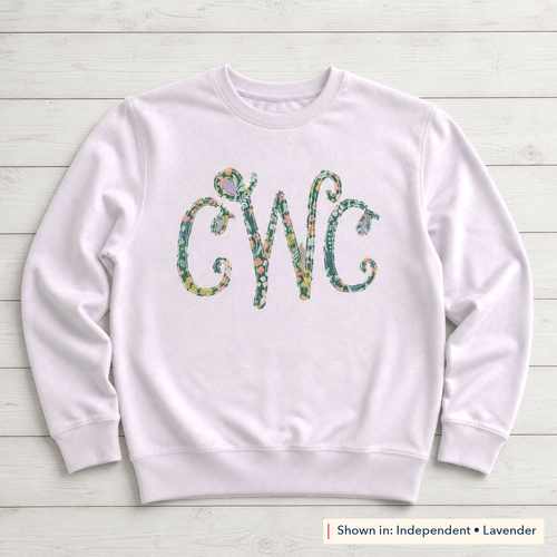 Bright Floral Vine Monogram Sweatshirt. Shown in: Independent • Lavender.