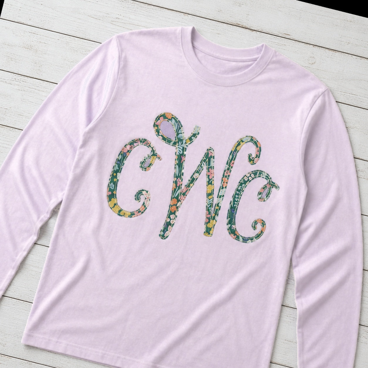 Bright Floral Vine Monogram Long-Sleeve Tee. Shown in: Comfort Colors • Orchid.
