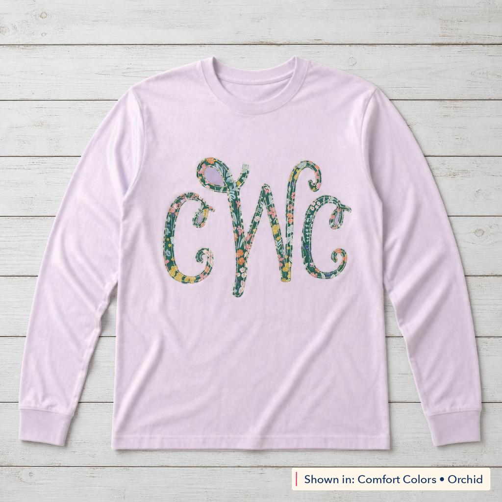Bright Floral Vine Monogram Long-Sleeve Tee. Shown in: Comfort Colors • Orchid.
