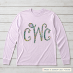Bright Floral Vine Monogram Long-Sleeve Tee. Shown in: Comfort Colors • Orchid.