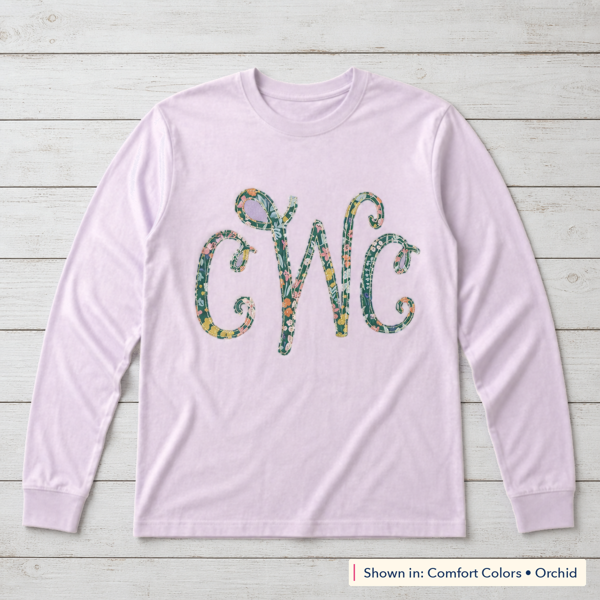 Bright Floral Vine Monogram Long-Sleeve Tee. Shown in: Comfort Colors • Orchid.