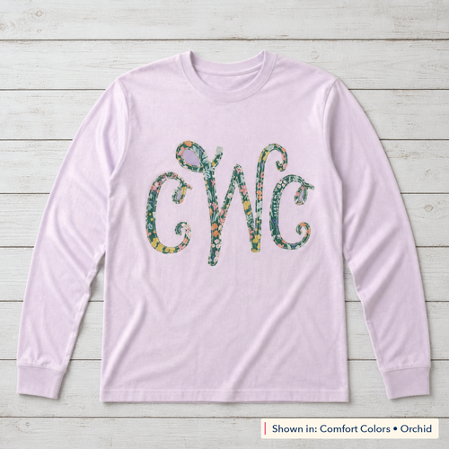 Bright Floral Vine Monogram Long-Sleeve Tee. Shown in: Comfort Colors • Orchid.