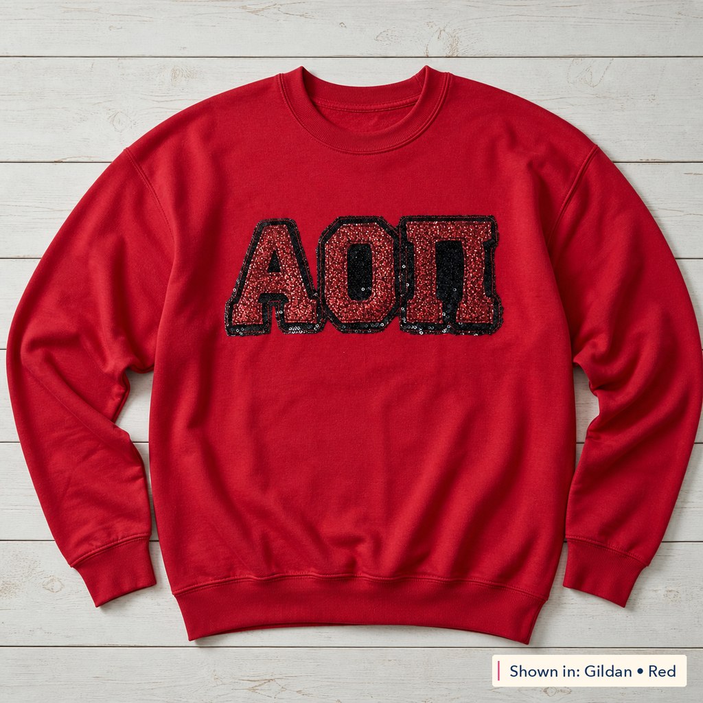 Greek Letter Sequin Sweatshirt. Shown in: Gildan • Red.