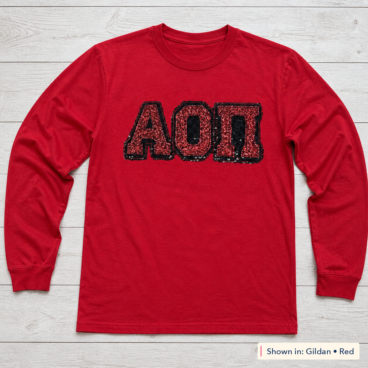 Greek Letter Sequin Long-Sleeve Tee. Shown in: Gildan • Red.