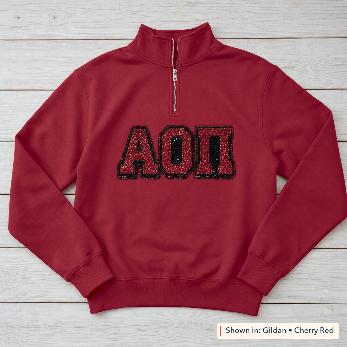 Greek Letter Sequin Quarter-Zip. Shown in: Gildan • Cherry Red.