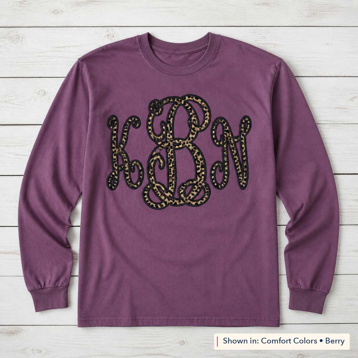 Leopard Vine Monogram Long-Sleeve Tee. Shown in: Comfort Colors • Berry.