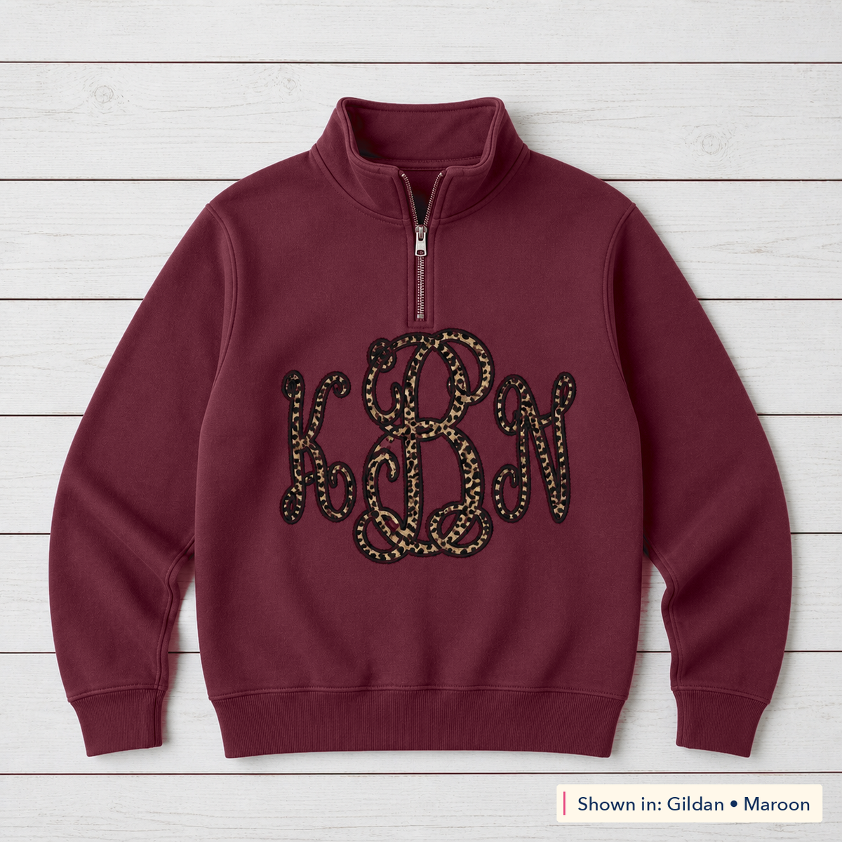 Leopard Vine Monogram Quarter-Zip. Shown in: Gildan • Maroon.