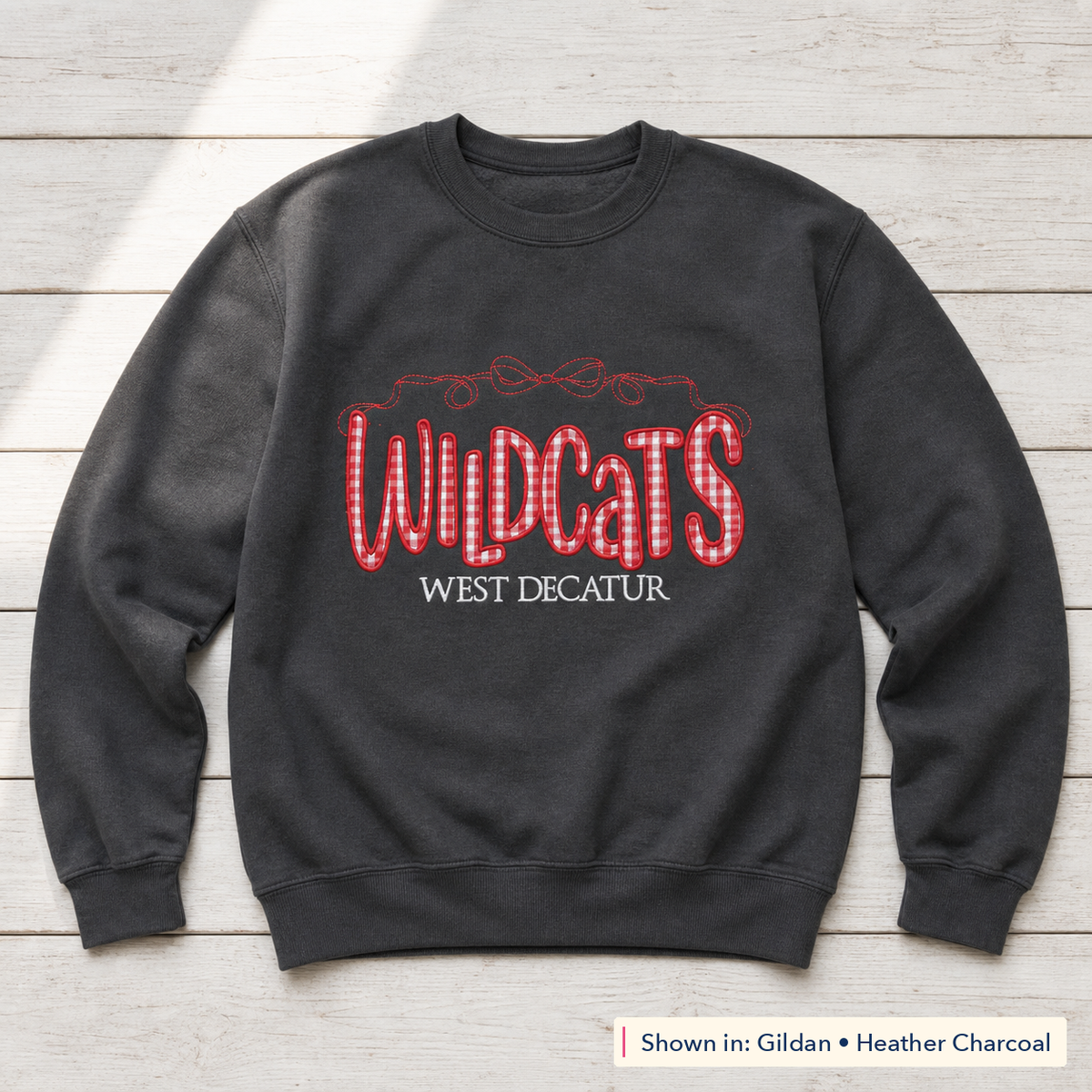 Gingham Wildcats & Bow Sweatshirt. Shown in: Gildan • Heather Charcoal.