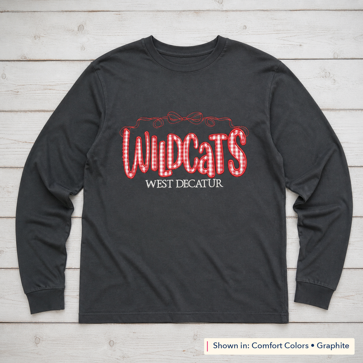 Gingham Wildcats & Bow Long-Sleeve Tee. Shown in: Comfort Colors • Graphite.