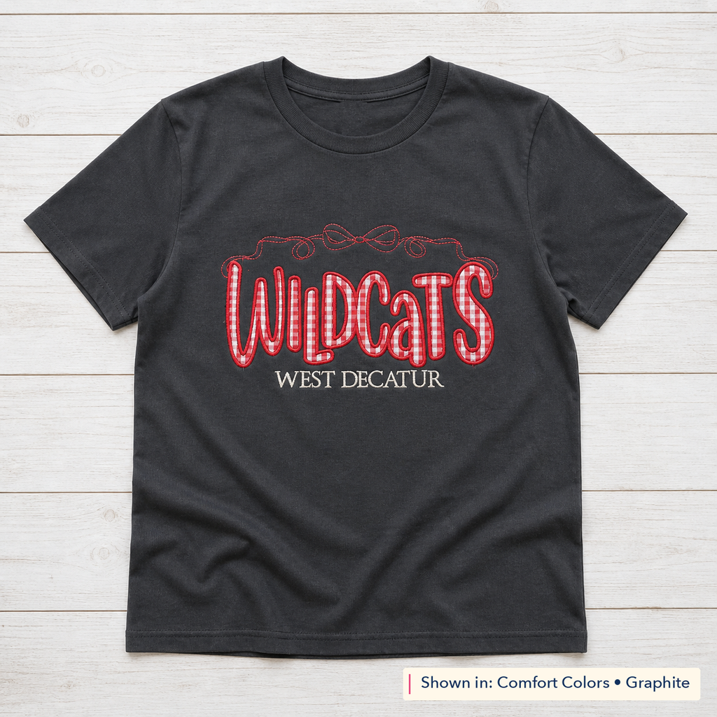 Gingham Wildcats & Bow Tee. Shown in: Comfort Colors • Graphite.