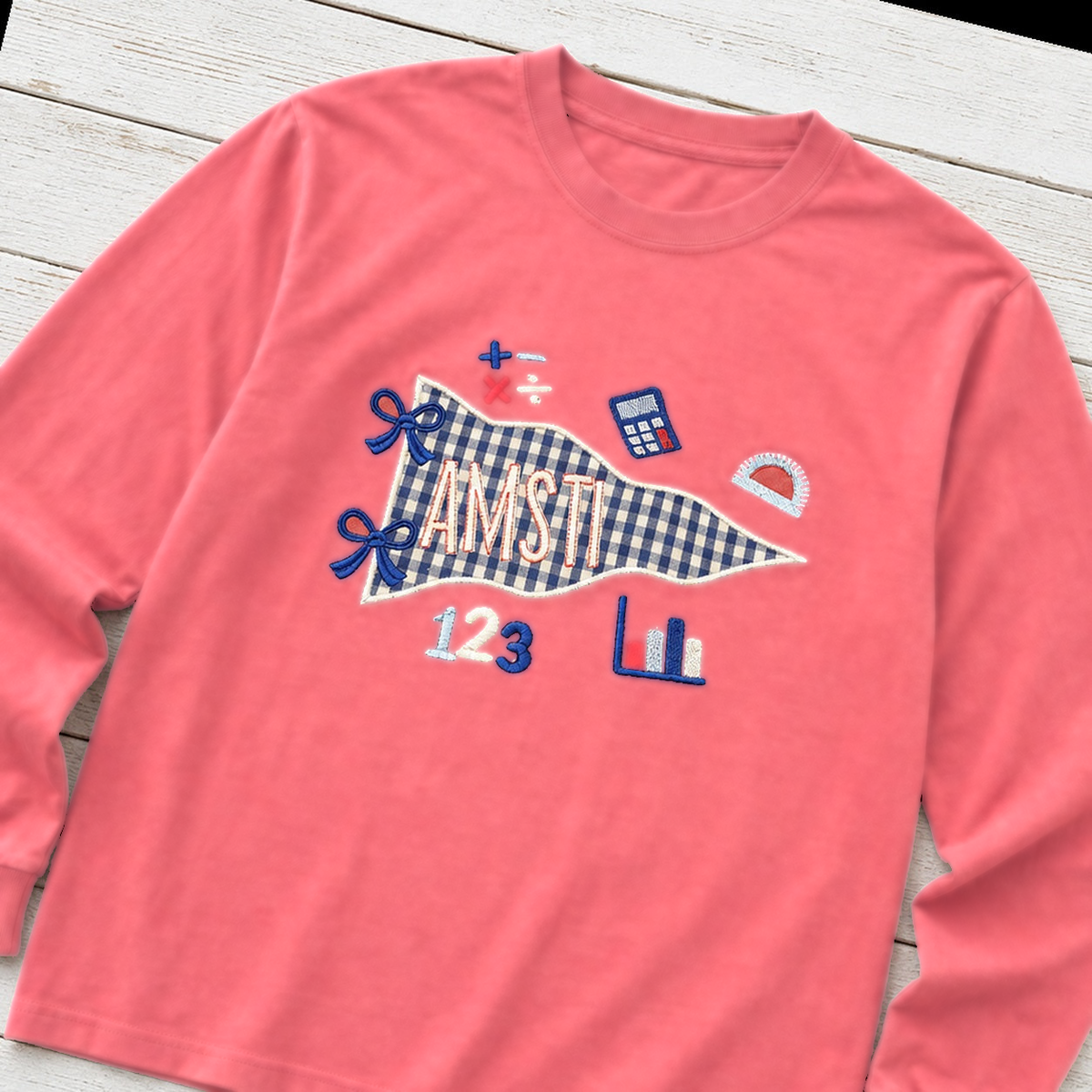 Gingham Math Pennant Long-Sleeve Tee. Shown in: Comfort Colors • Watermelon.