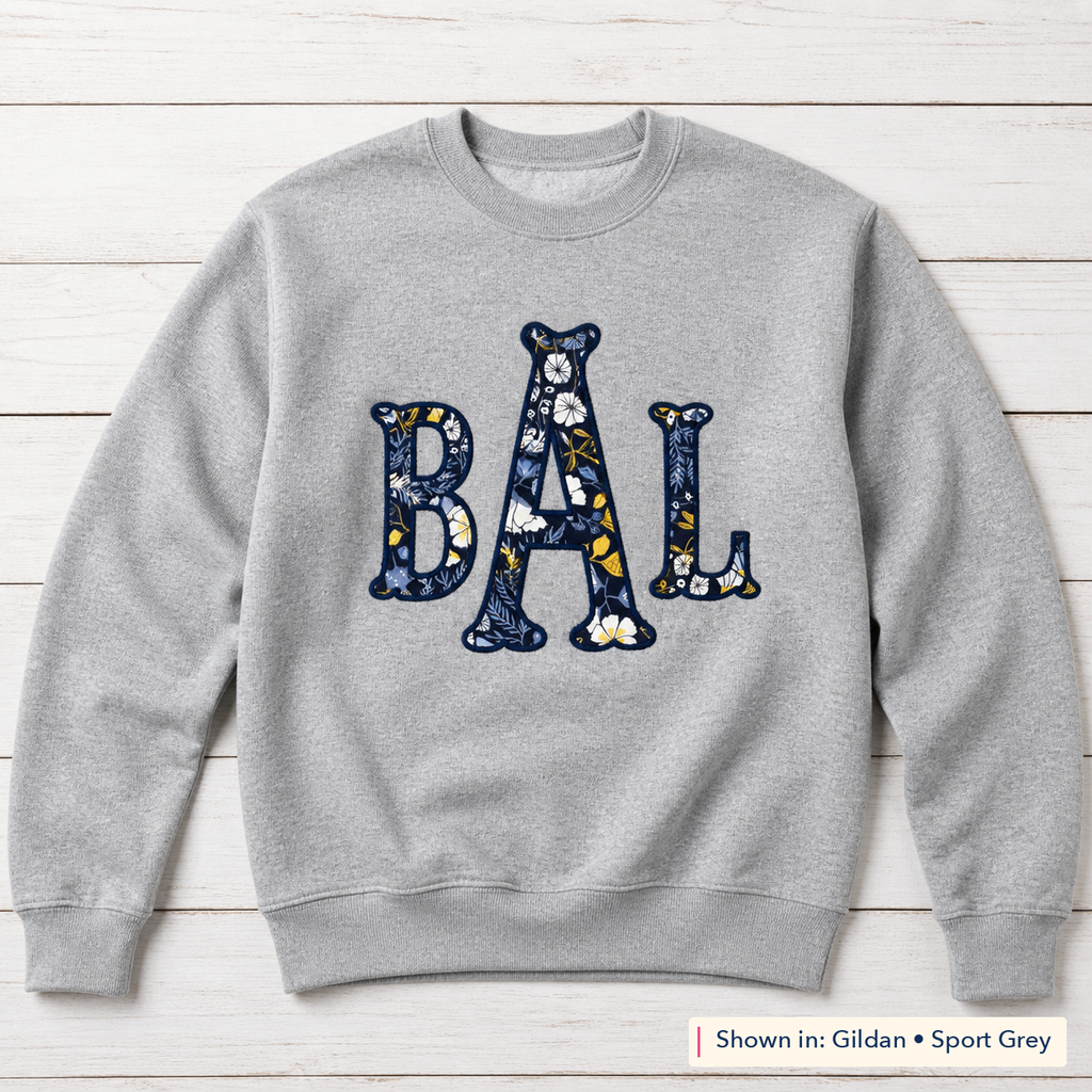 Navy Floral Block Monogram Sweatshirt. Shown in: Gildan • Sport Grey.