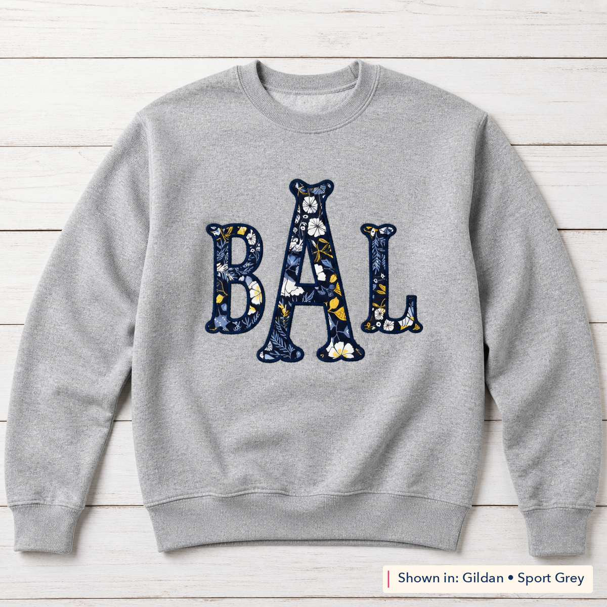 Navy Floral Block Monogram Sweatshirt. Shown in: Gildan • Sport Grey.
