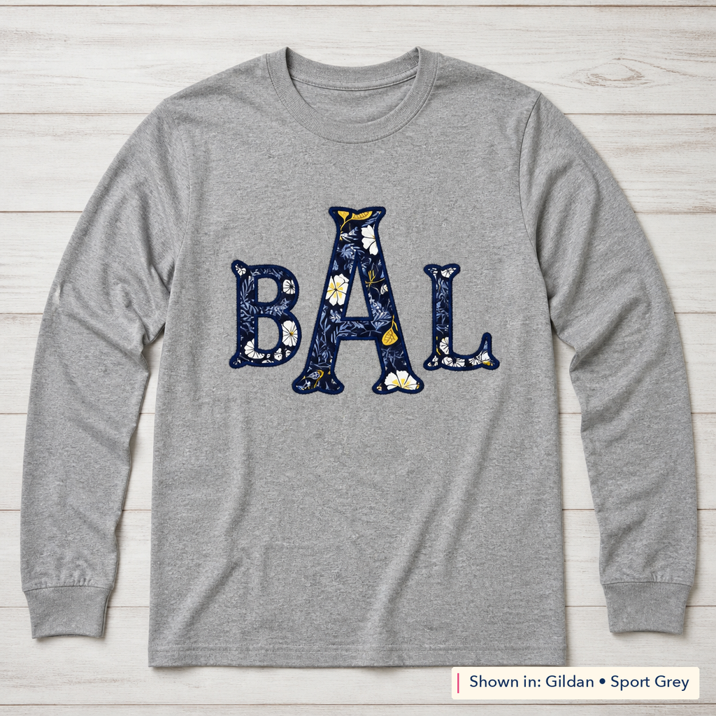 Navy Floral Block Monogram Long-Sleeve Tee. Shown in: Gildan • Sport Grey.