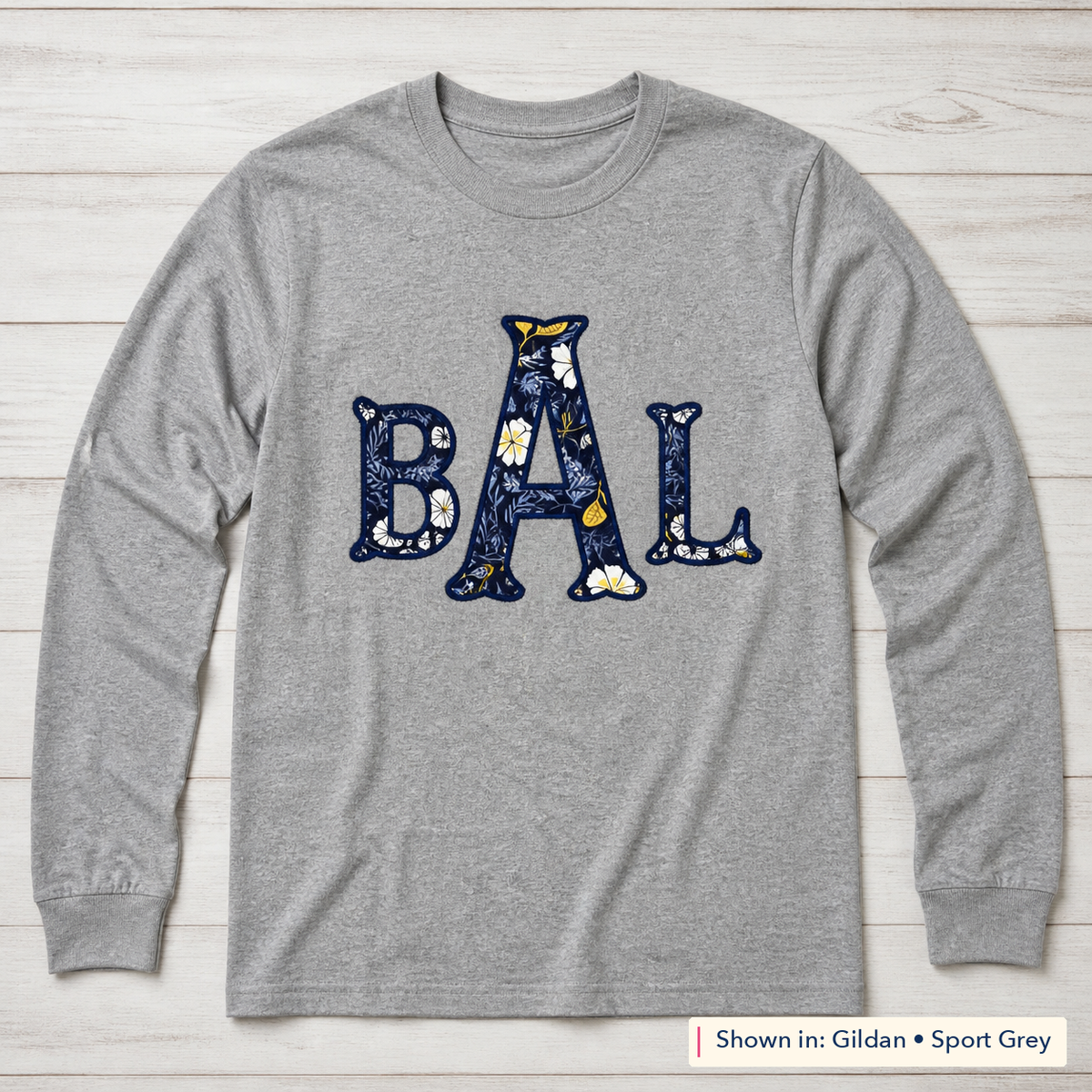 Navy Floral Block Monogram Long-Sleeve Tee. Shown in: Gildan • Sport Grey.