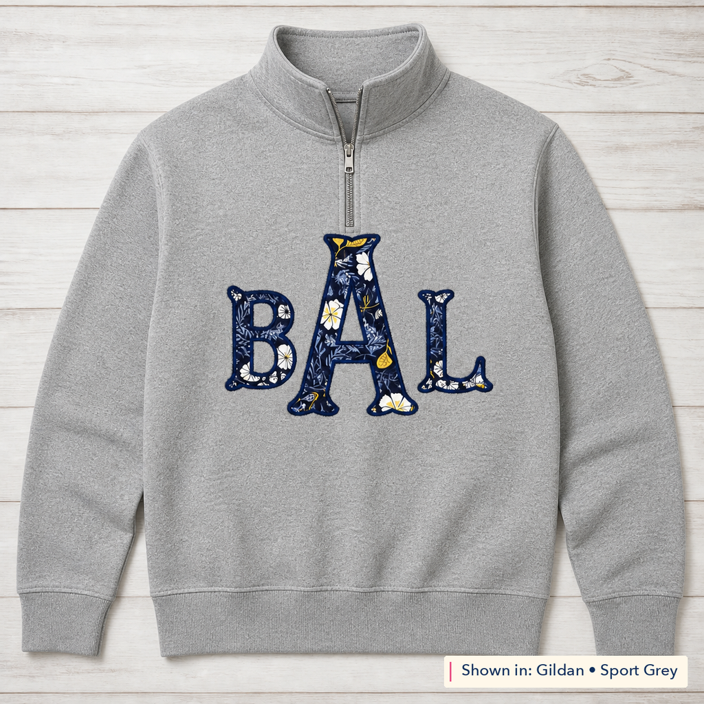 Navy Floral Block Monogram Quarter-Zip. Shown in: Gildan • Sport Grey.