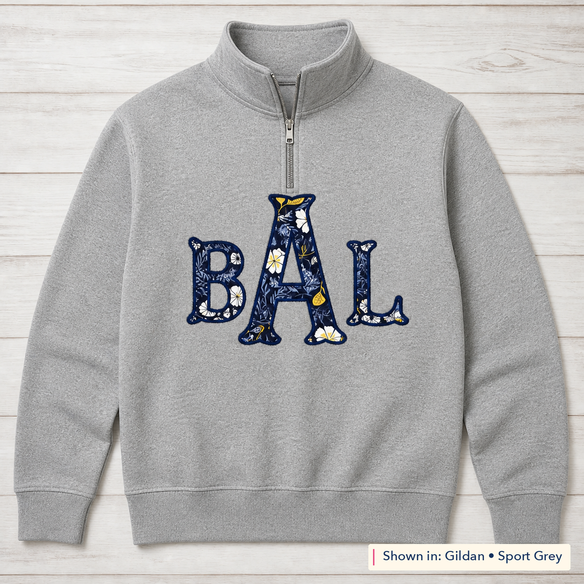 Navy Floral Block Monogram Quarter-Zip. Shown in: Gildan • Sport Grey.