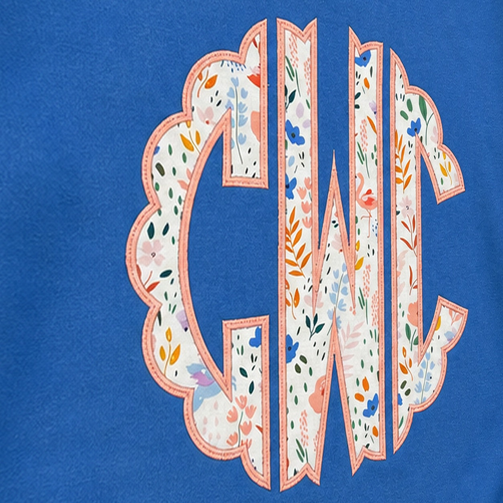 Pastel Floral Scalloped Monogram Sweatshirt. Shown in: Independent • Royal.