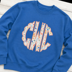 Pastel Floral Scalloped Monogram Sweatshirt. Shown in: Independent • Royal.