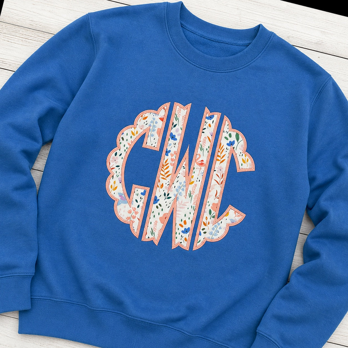 Pastel Floral Scalloped Monogram Sweatshirt. Shown in: Independent • Royal.