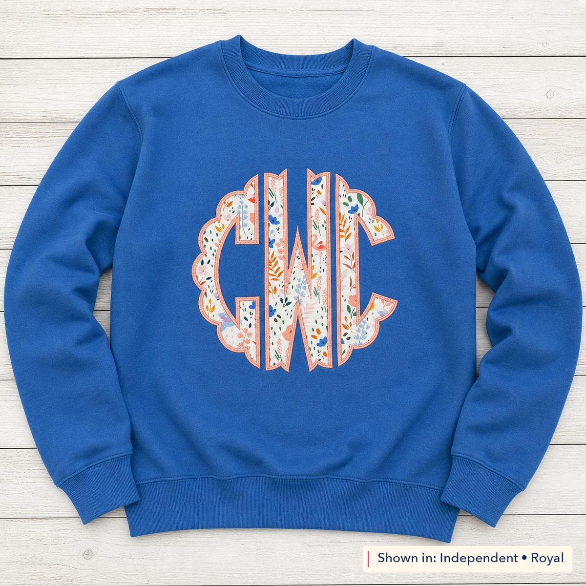 Pastel Floral Scalloped Monogram Sweatshirt. Shown in: Independent • Royal.