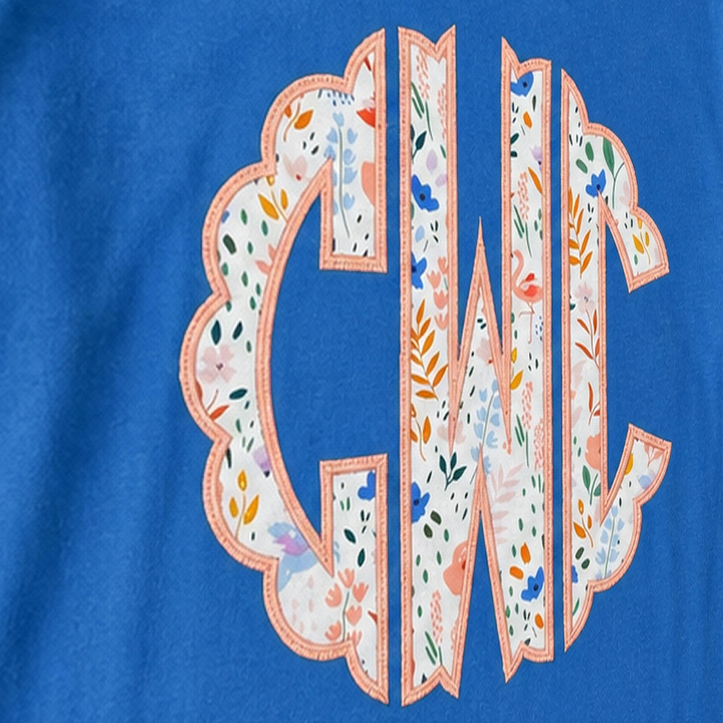 Pastel Floral Scalloped Monogram Long-Sleeve Tee. Shown in: Gildan • Royal.