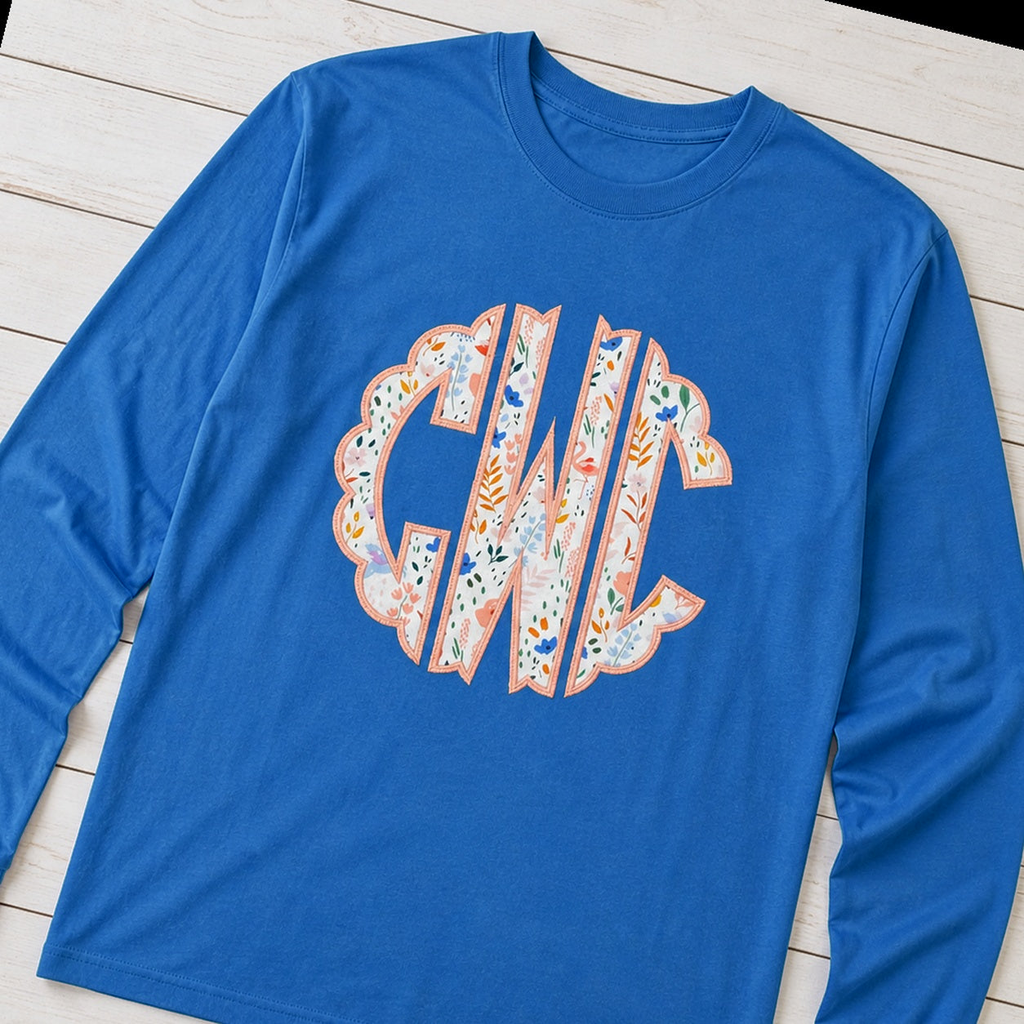 Pastel Floral Scalloped Monogram Long-Sleeve Tee. Shown in: Gildan • Royal.
