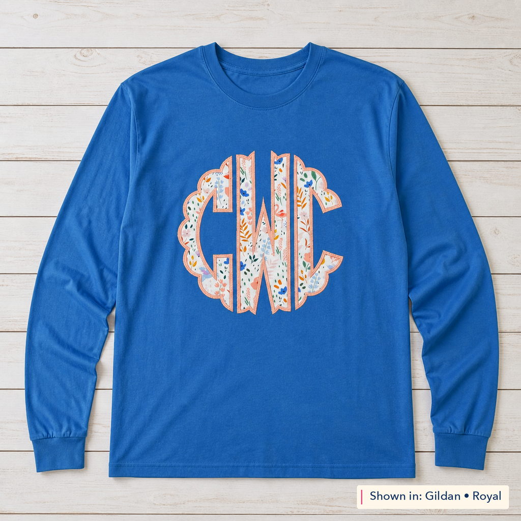 Pastel Floral Scalloped Monogram Long-Sleeve Tee. Shown in: Gildan • Royal.