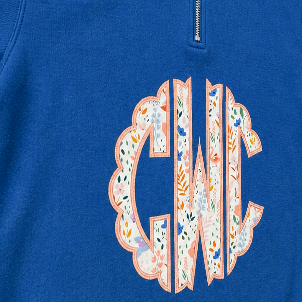 Pastel Floral Scalloped Monogram Quarter-Zip. Shown in: Gildan • Royal.