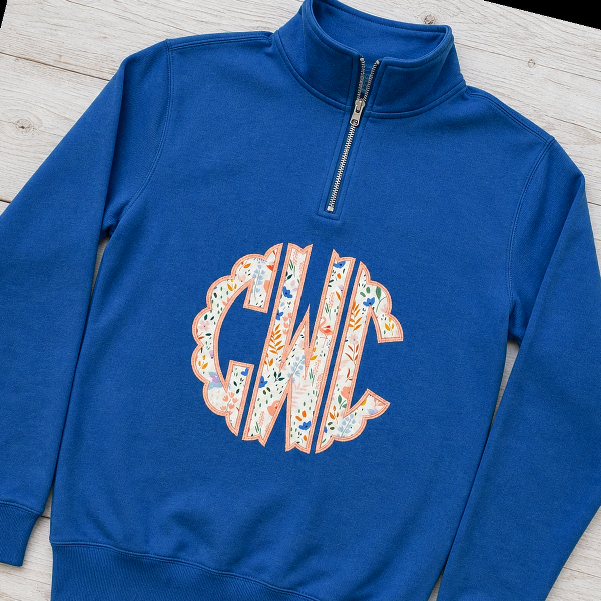 Pastel Floral Scalloped Monogram Quarter-Zip. Shown in: Gildan • Royal.