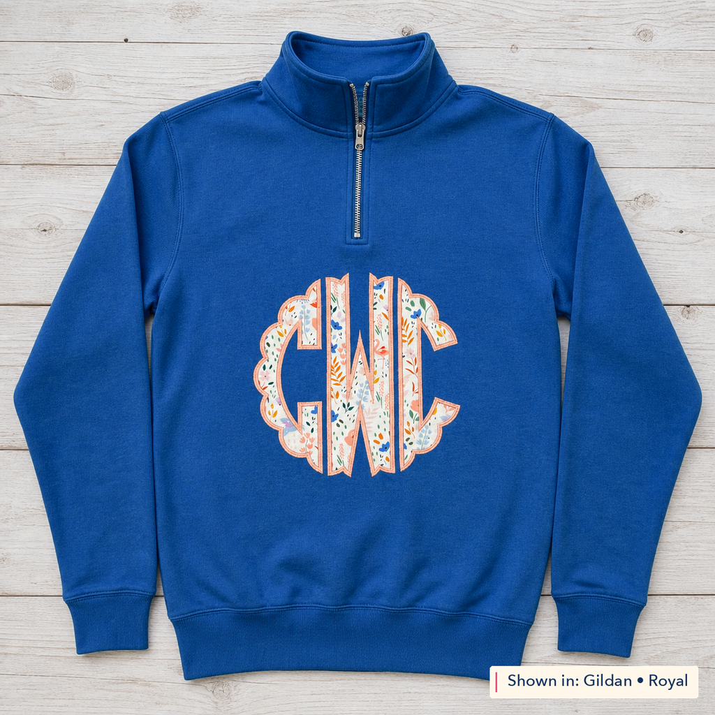 Pastel Floral Scalloped Monogram Quarter-Zip. Shown in: Gildan • Royal.