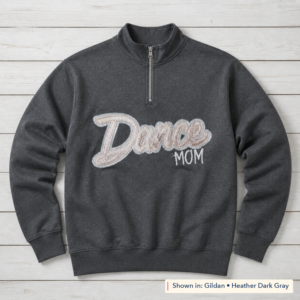 Dance Mom Glitter & Sequin Quarter-Zip. Shown in: Gildan • Heather Dark Gray.