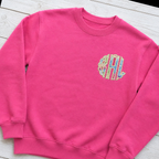 Tie-Dye Chest Monogram Sweatshirt. Shown in: Gildan • Heliconia.