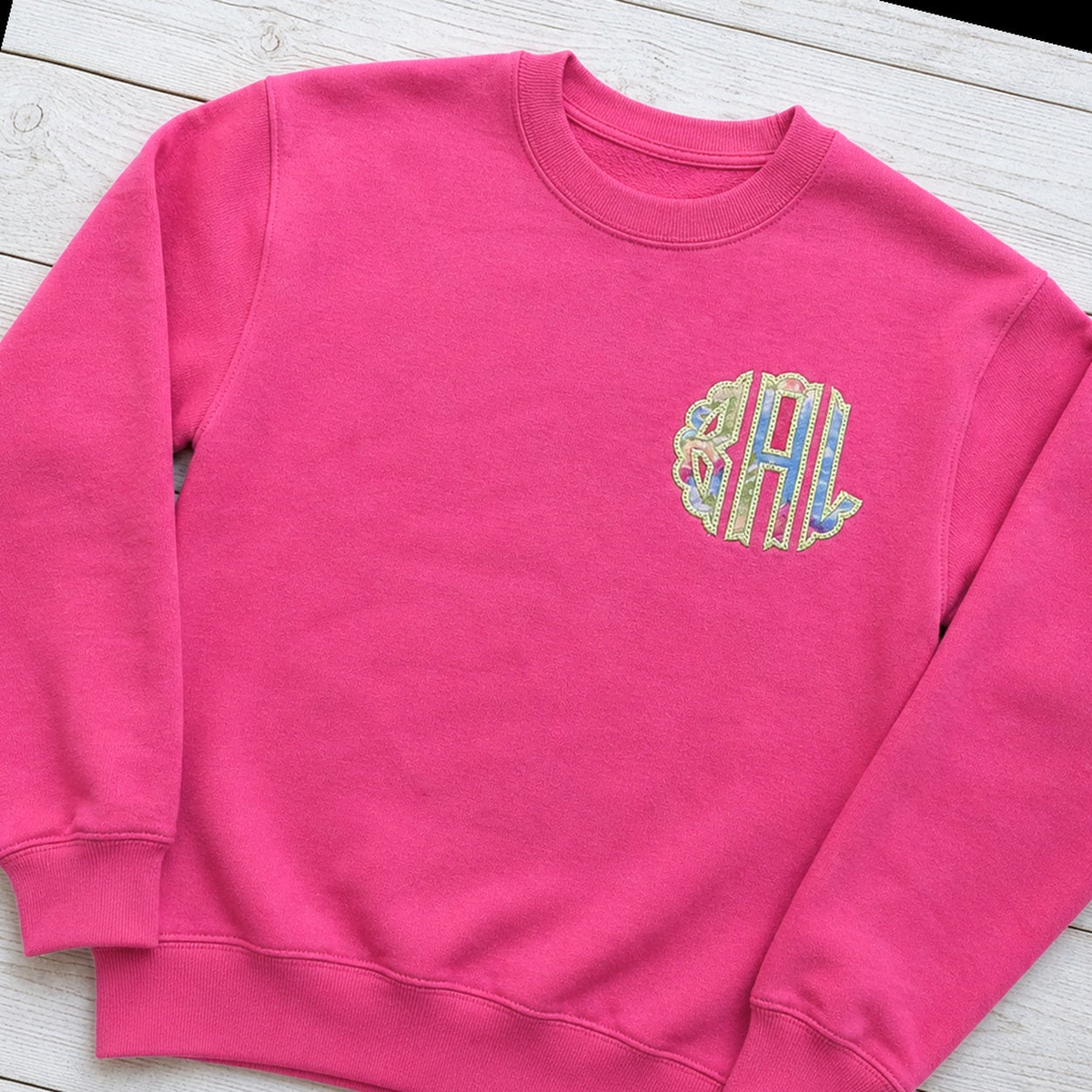Tie-Dye Chest Monogram Sweatshirt. Shown in: Gildan • Heliconia.