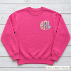 Tie-Dye Chest Monogram Sweatshirt. Shown in: Gildan • Heliconia.