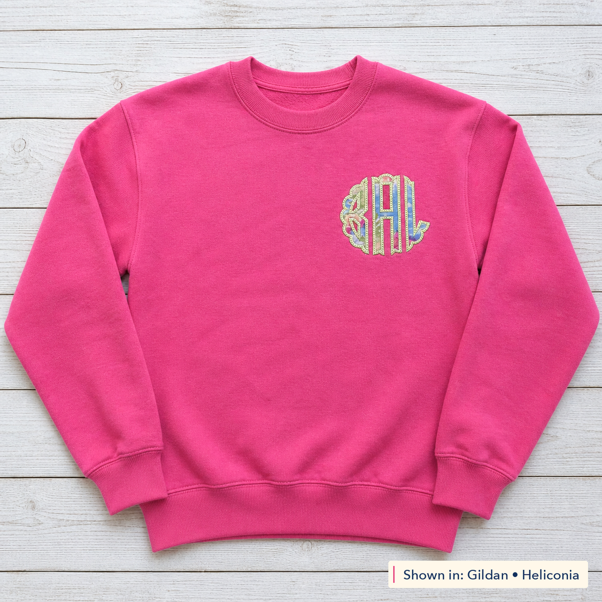 Tie-Dye Chest Monogram Sweatshirt. Shown in: Gildan • Heliconia.