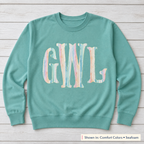 Pastel Stripe Serif Monogram Sweatshirt. Shown in: Comfort Colors • Seafoam.