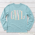 Pastel Stripe Serif Monogram Long-Sleeve Tee. Shown in: Comfort Colors • Chalky Mint.
