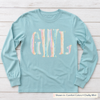 Pastel Stripe Serif Monogram Long-Sleeve Tee. Shown in: Comfort Colors • Chalky Mint.