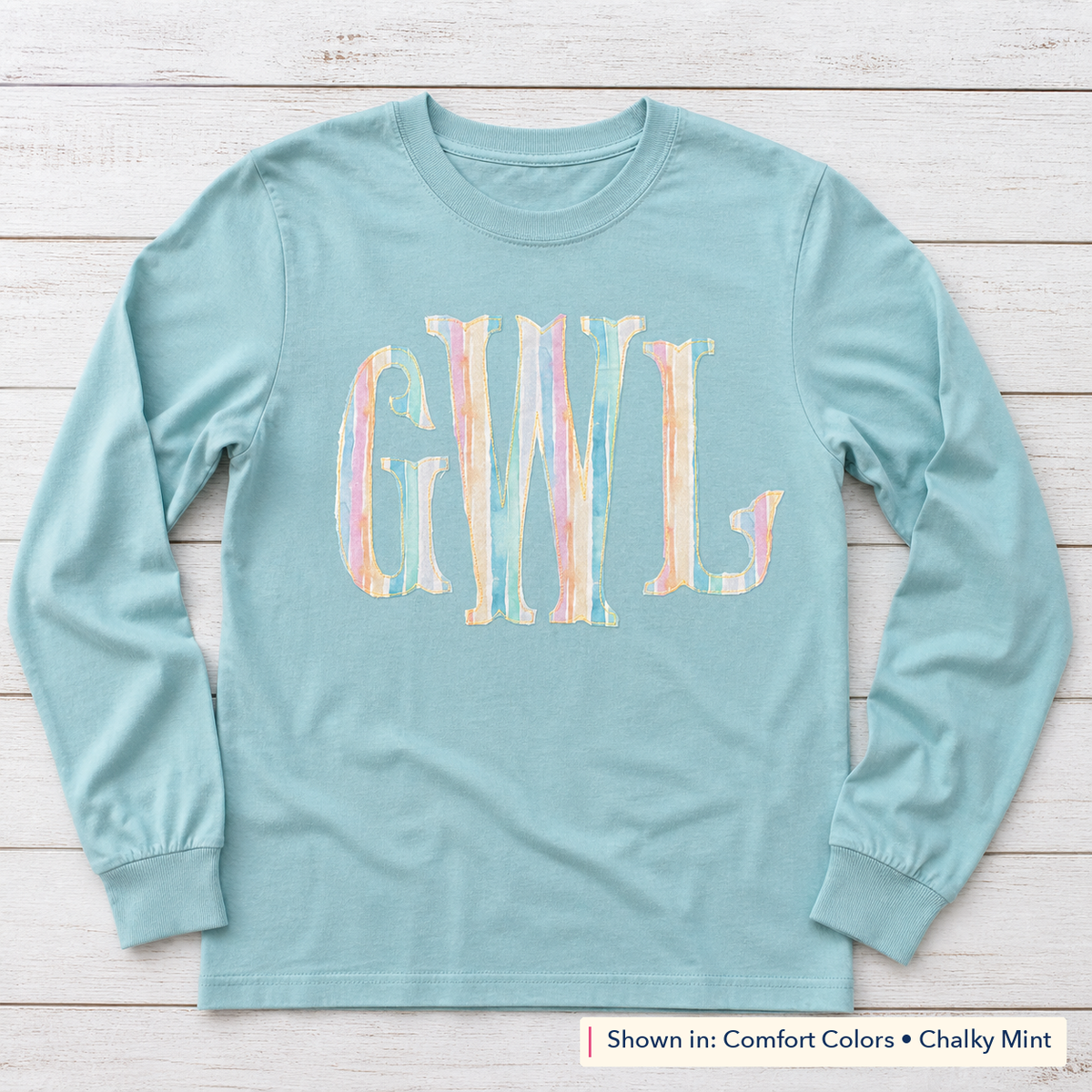 Pastel Stripe Serif Monogram Long-Sleeve Tee. Shown in: Comfort Colors • Chalky Mint.