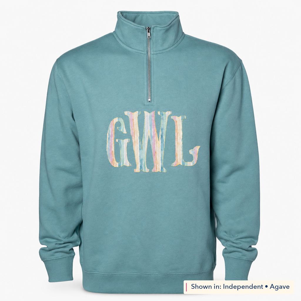 Pastel Stripe Serif Monogram Quarter-Zip. Shown in: Independent • Agave.