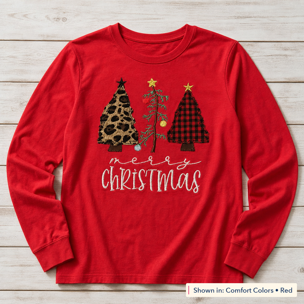 Patterned Christmas Trees Long-Sleeve Tee. Shown in: Comfort Colors • Red.
