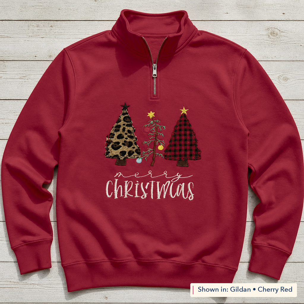 Patterned Christmas Trees Quarter-Zip. Shown in: Gildan • Cherry Red.