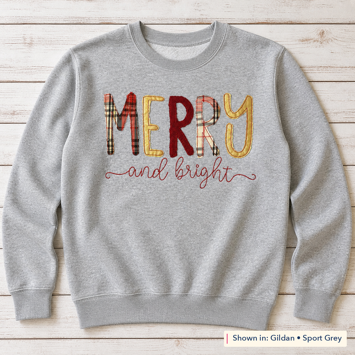 Merry & Bright Plaid Sweatshirt. Shown in: Gildan • Sport Grey.