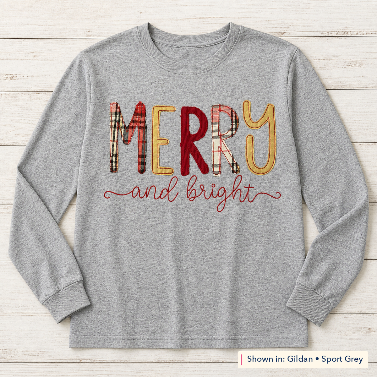 Merry & Bright Plaid Long-Sleeve Tee. Shown in: Gildan • Sport Grey.