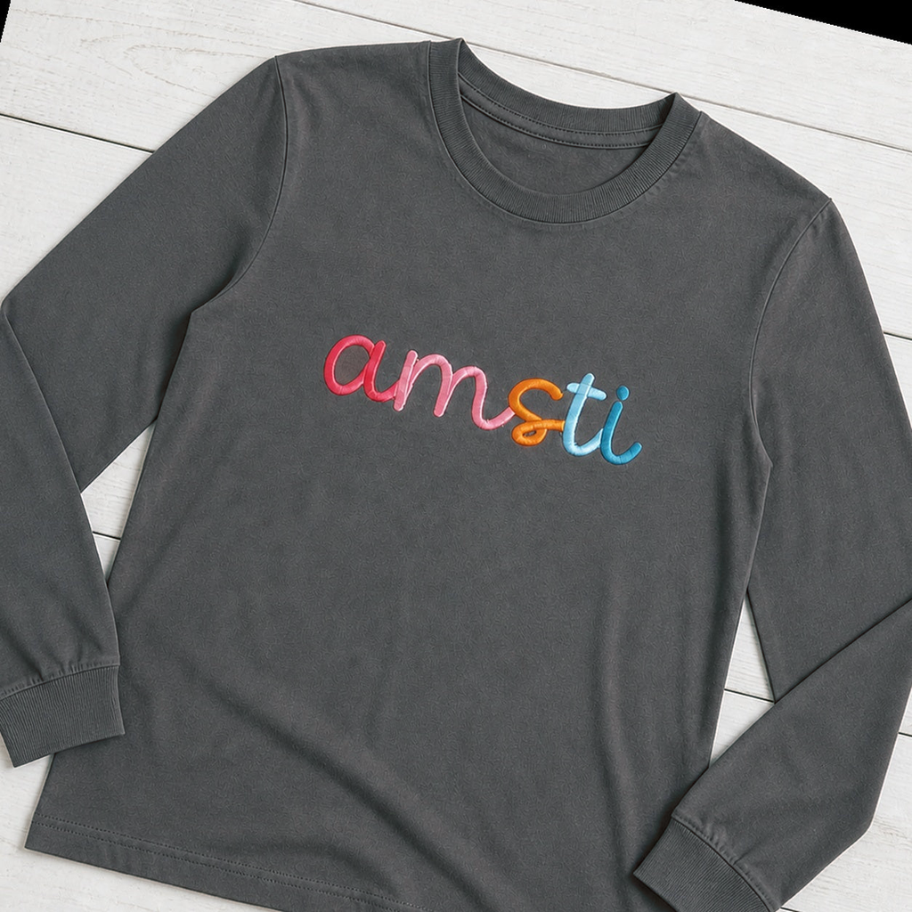 Rainbow 3D Puff Script Embroidery Long-Sleeve Tee. Shown in: Comfort Colors • Pepper.